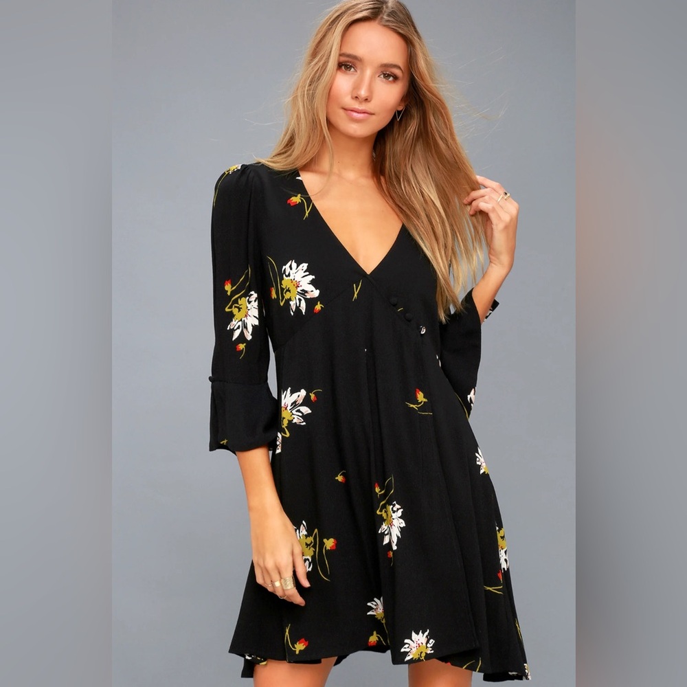 Free People Time On My Side Black Floral Print Wrap Dress Romantic Boho Size XS